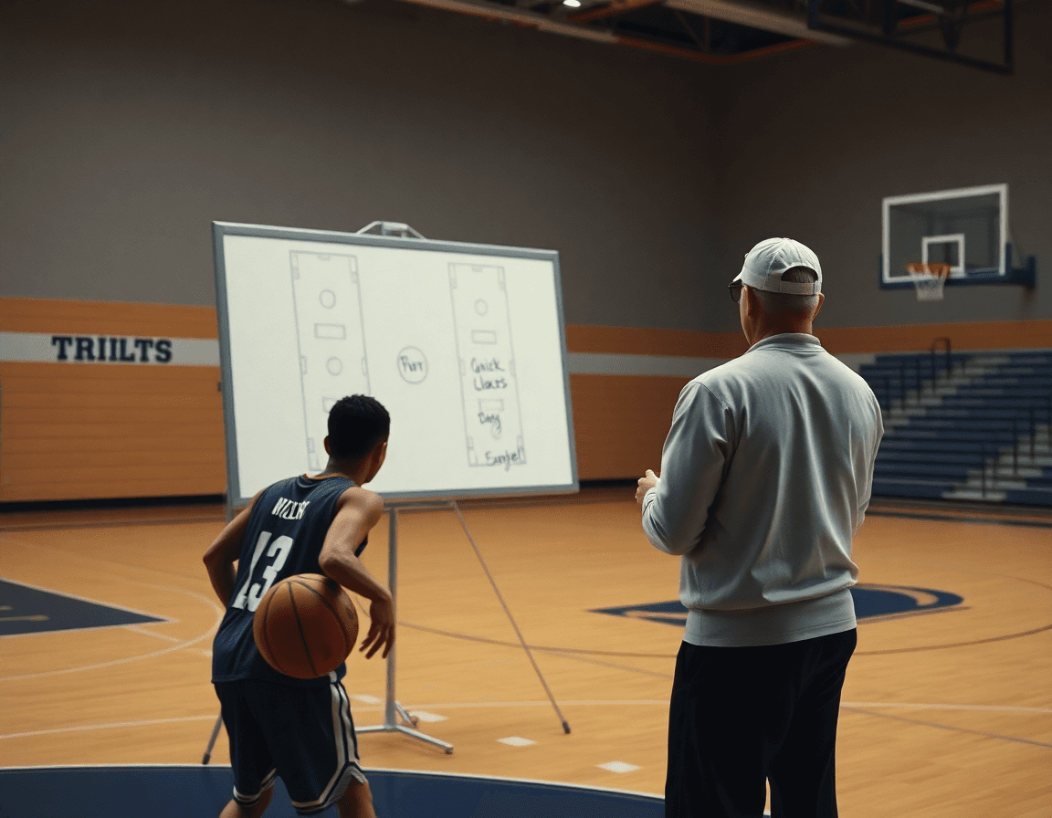 Primer plano de la mano driblando cerca de la línea de tres, con estadisticas baloncesto visibles.