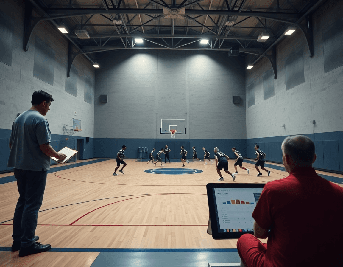 Entrenador revisa estadisticas baloncesto en una tablet frente al equipo durante la práctica.
