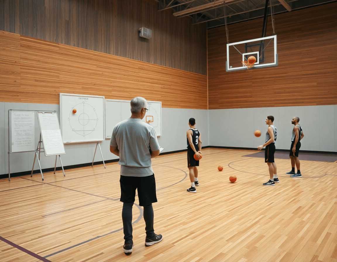 Plano de baloncesto en un gimnasio bien iluminado, entrenador con pizarra dirigiendo flex baloncesto entre jugadores.