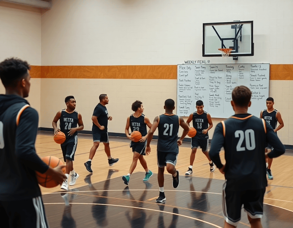 Equipo de baloncesto ejecutando el plan semanal de flex baloncesto durante la sesión de entrenamiento.