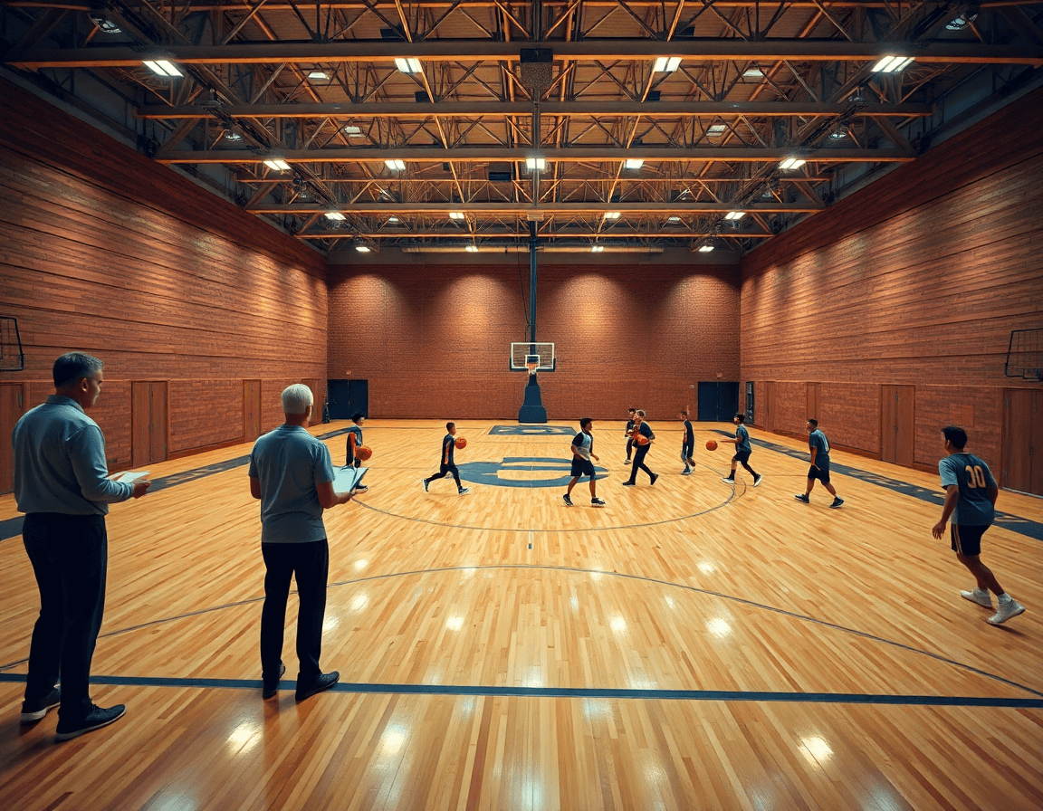 Plano general de baloncesto en un gimnasio, entrenador dirige con pizarra mientras el equipo practica flex baloncesto.