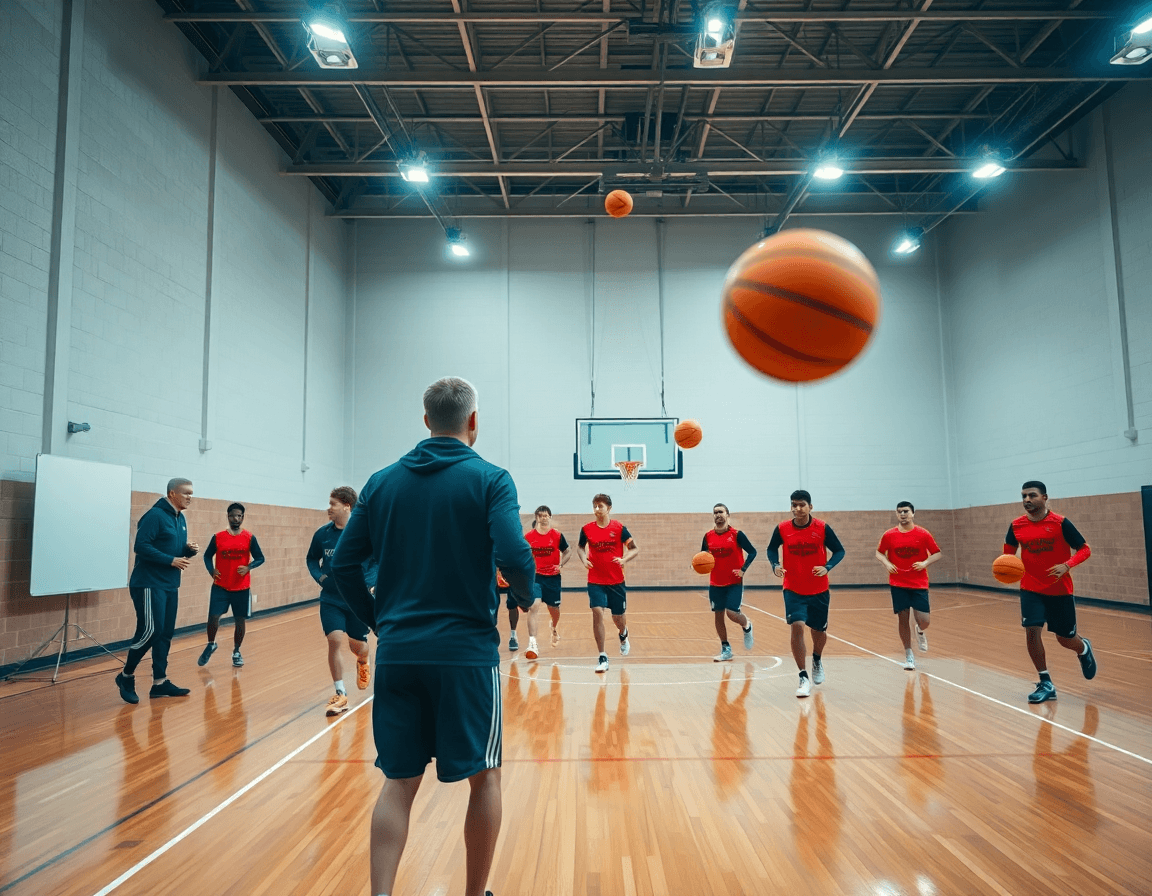 Equipo de baloncesto en una cancha de madera practica ejercicios de calentamiento para baloncesto pdf durante un entrenamiento.