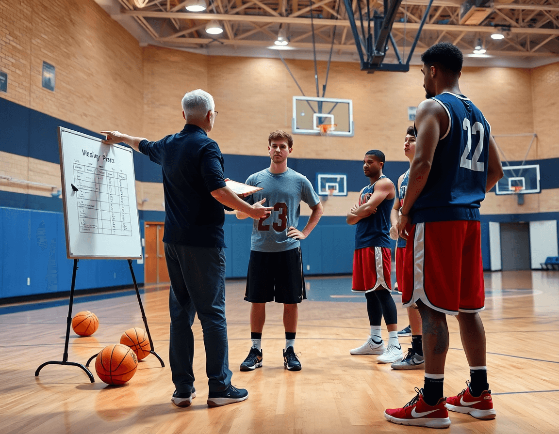 El entrenador basket dirige la sesión semanal mientras los jugadores observan atentamente.