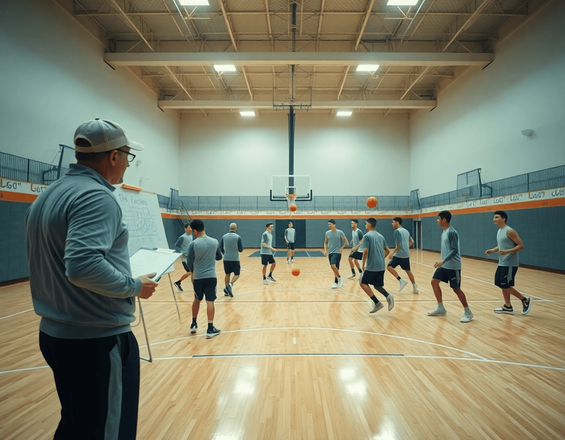 Planos de un entrenador basket dirigiendo jugadores en una cancha de baloncesto, durante un entrenamiento.