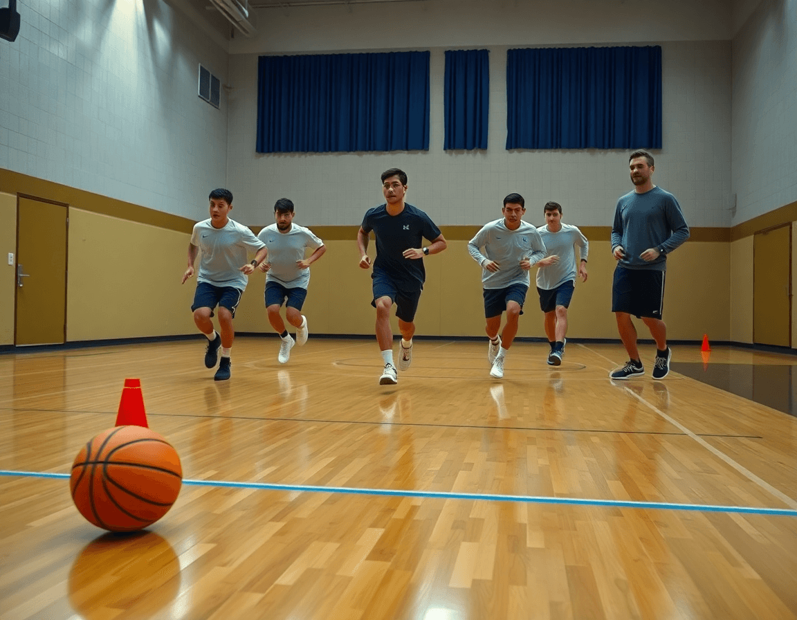 escuela de baloncesto para niños cerca de mi, primer plano de balón y manos en un entrenamiento.