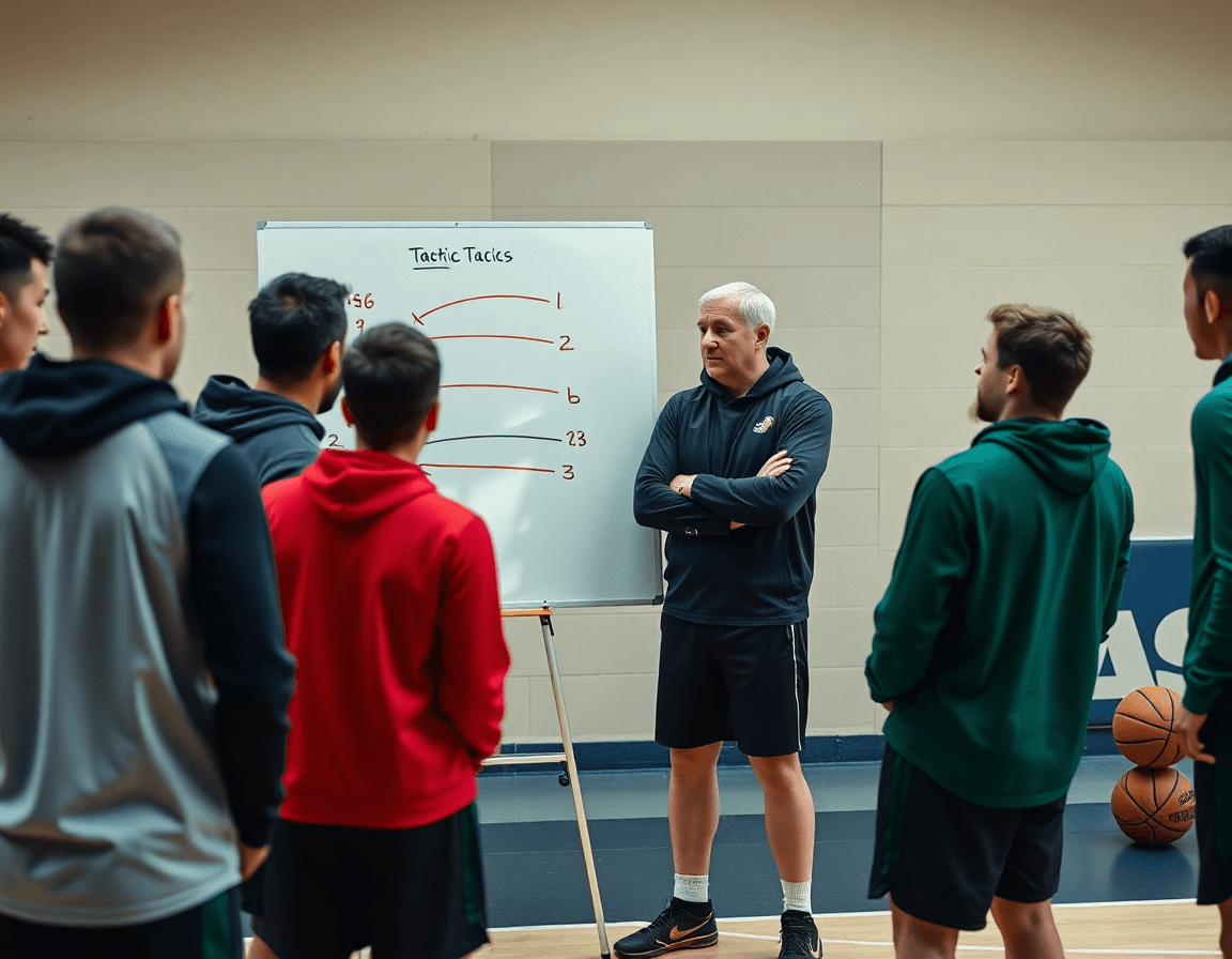 escuela de baloncesto para niños cerca de mi, entrenador con pizarra táctica rodeado de jugadores atentos.