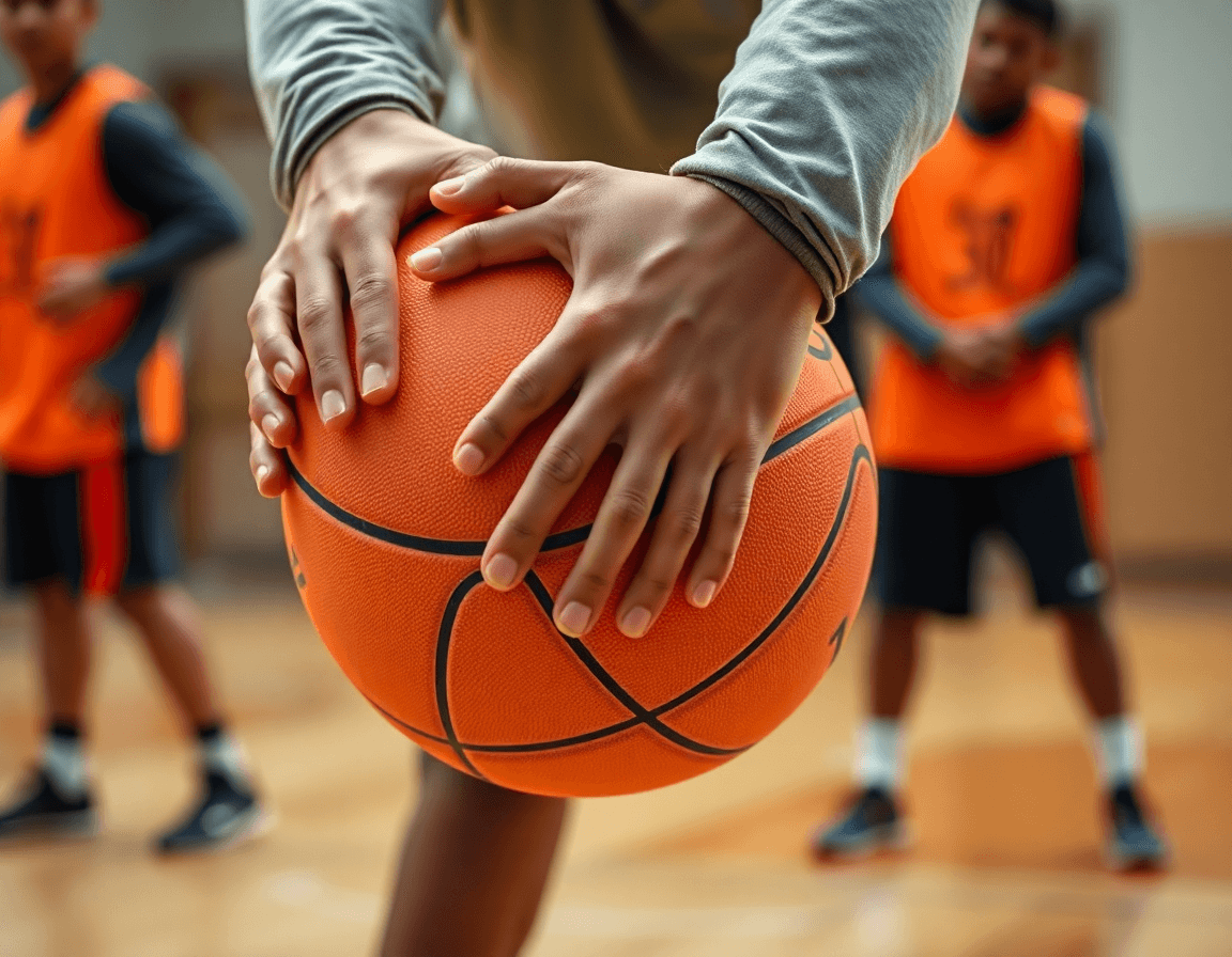 escuela de baloncesto para niños cerca de mi, manos en primer plano sosteniendo el balón naranja durante ejercicios.
