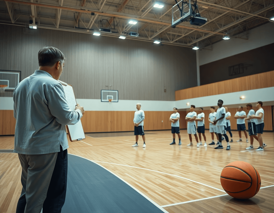 escuela de baloncesto para niños cerca de mi, entrenadores y jóvenes practicando tiros en la cancha iluminada.