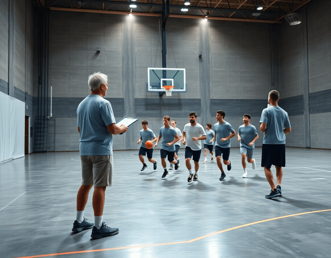 Escena amplia de entrenamientos baloncesto en una cancha de concreto, entrenador con tablero guiando al equipo.