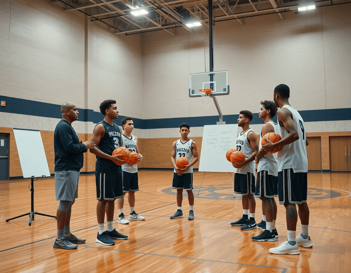 Coach enseña juego en el poste bajo baloncesto en la cancha de madera ante jugadores atentos.