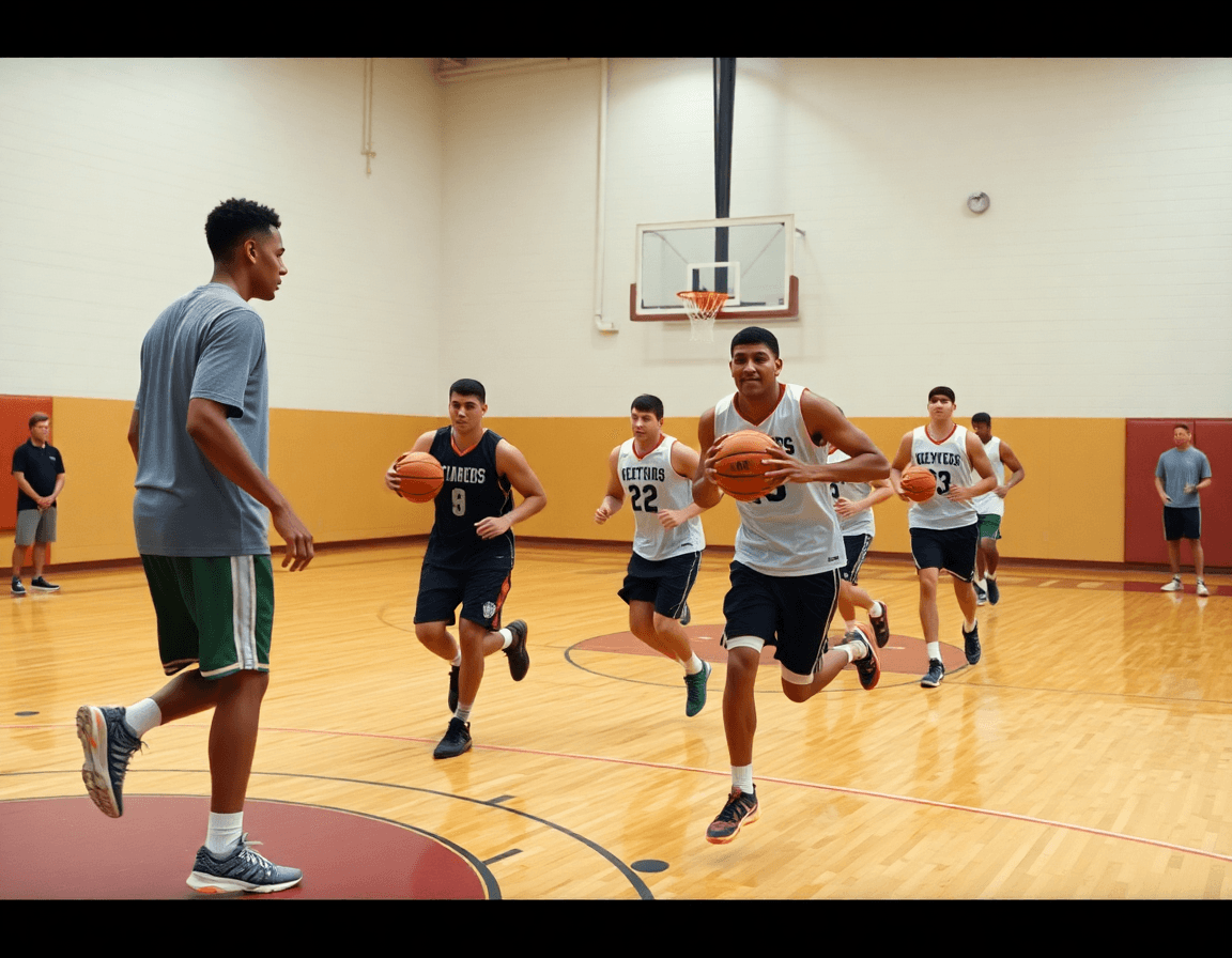 Progresiones de juego en el poste bajo baloncesto en la cancha de madera, entrenador guiando.