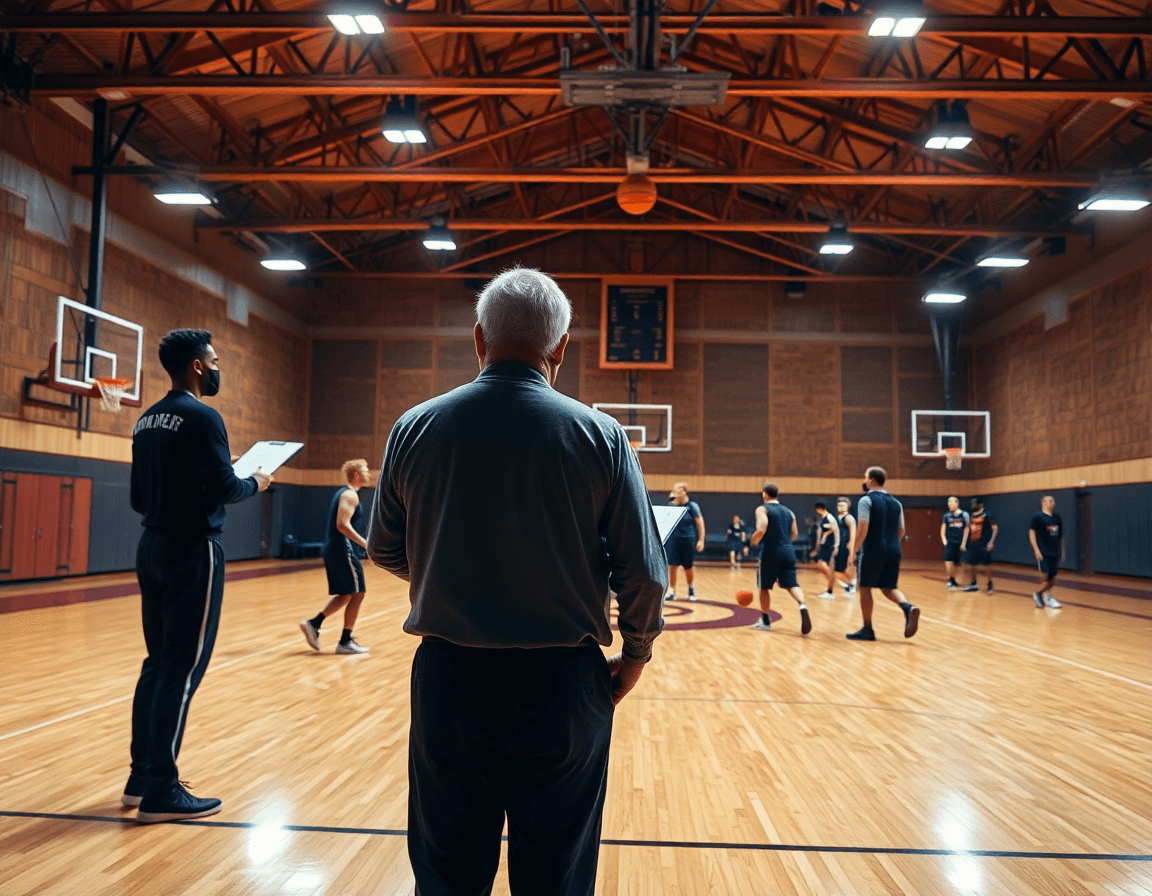 Escena amplia de juego en el poste bajo baloncesto con entrenador y equipo en gimnasio.