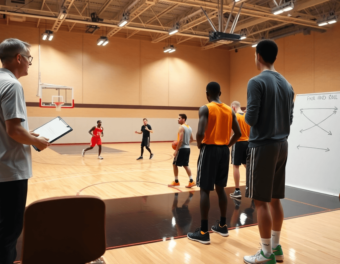 Escena amplia en una cancha de baloncesto mostrando la jugada de baloncesto pick and roll en acción.