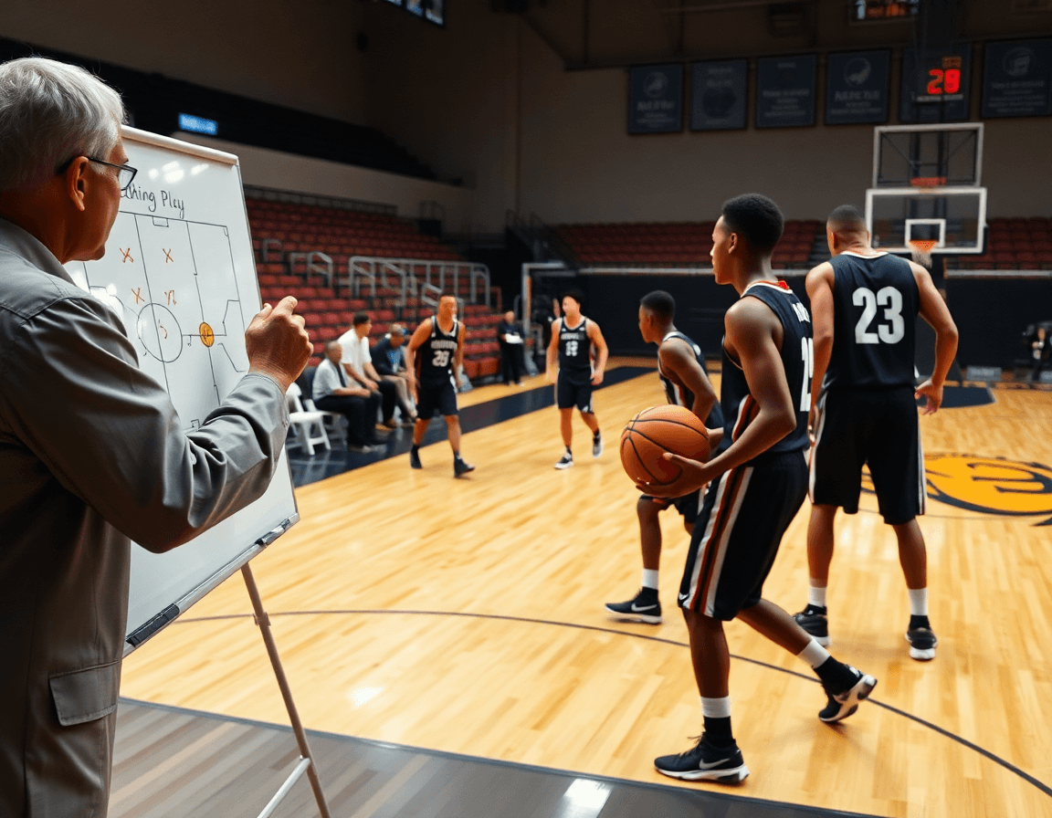 Primer plano de entrenador junto a la pizarra dibujando jugadas ataque baloncesto, jugadores pasando balón naranja.
