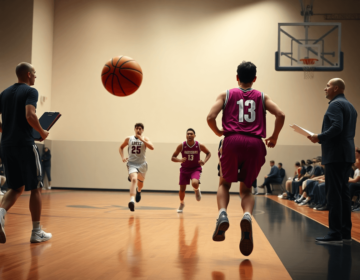 Dos jugadores ejecutando una jugada delante del entrenador, enfatizando jugadas ataque baloncesto mientras cruza el balón naranja.