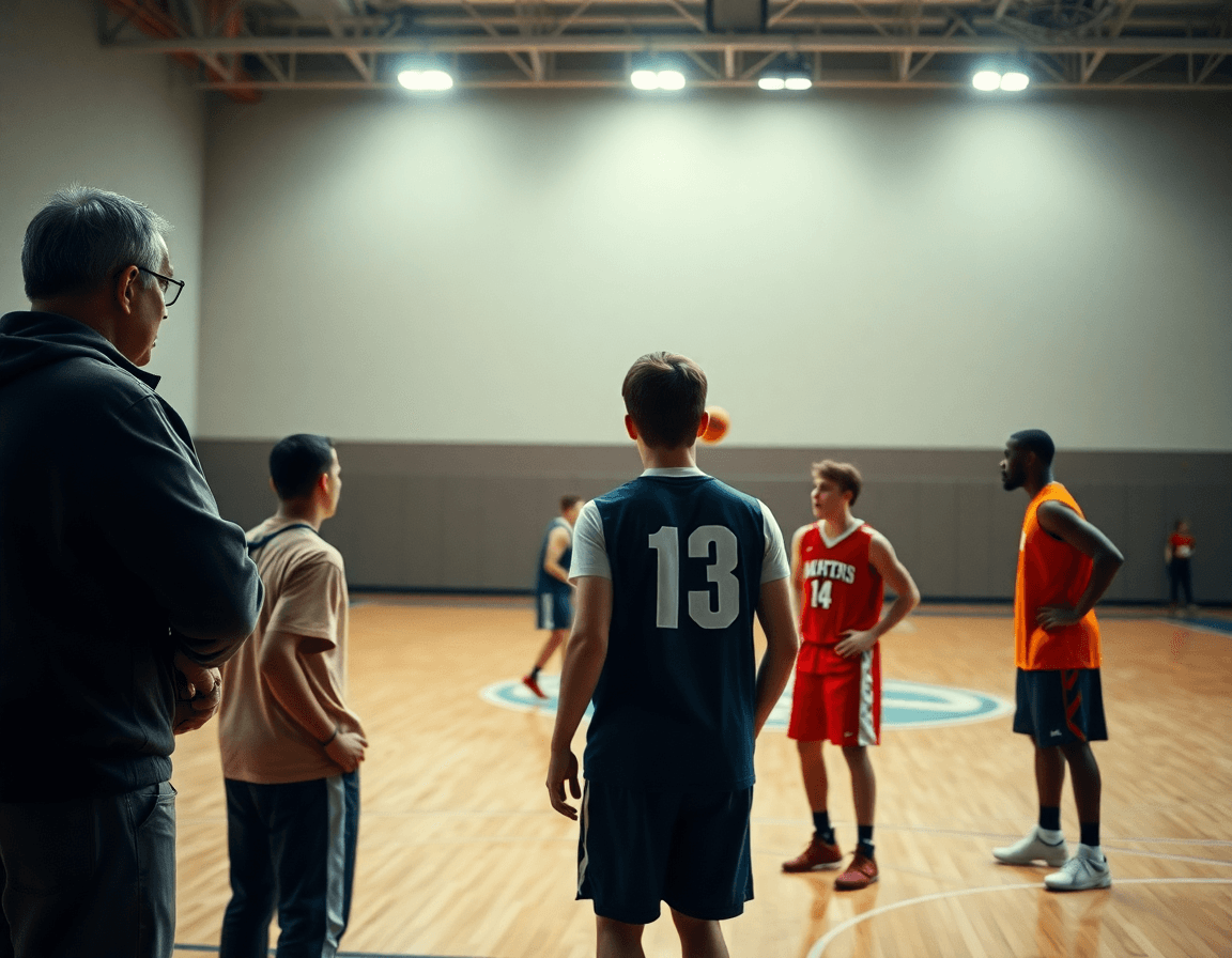 Un scout observa desde la banda mientras se afinan jugadas ataque baloncesto, balón naranja circulando entre jugadores.