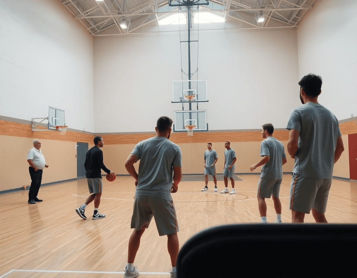 Vista amplia de la cancha de baloncesto en un gimnasio, entrenador dirigiendo jugadas ataque baloncesto con tablero táctico.