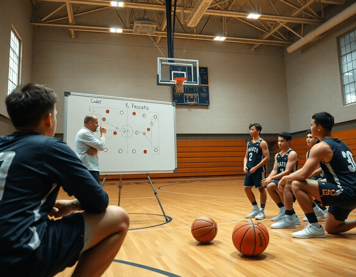 Diagrama de jugadas baloncesto cadete frente a pizarra en gimnasio iluminado, con balón naranja cerca.
