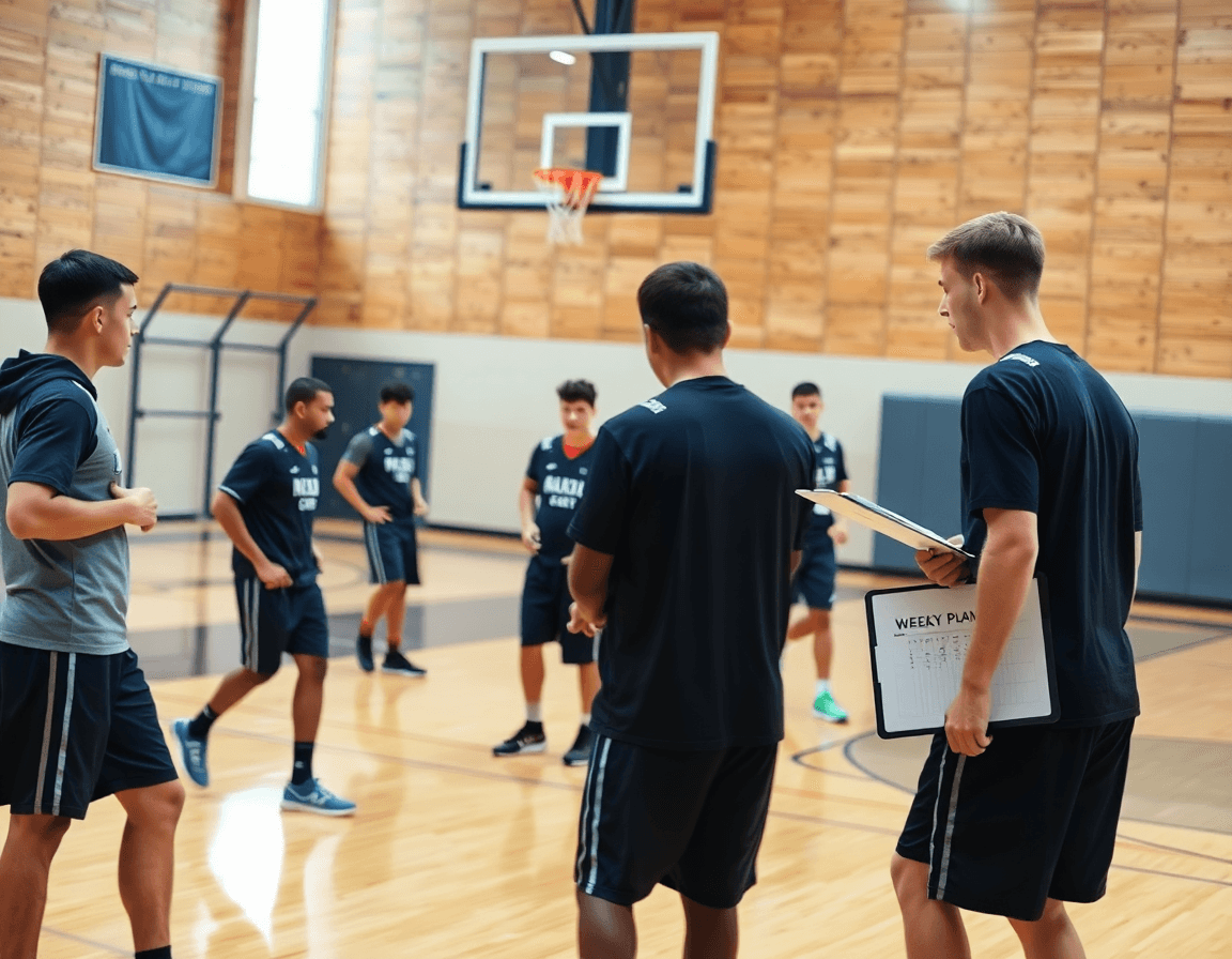 Plan semanal de jugadas baloncesto cadete aplicado en pista de baloncesto, con tablets y pizarras.