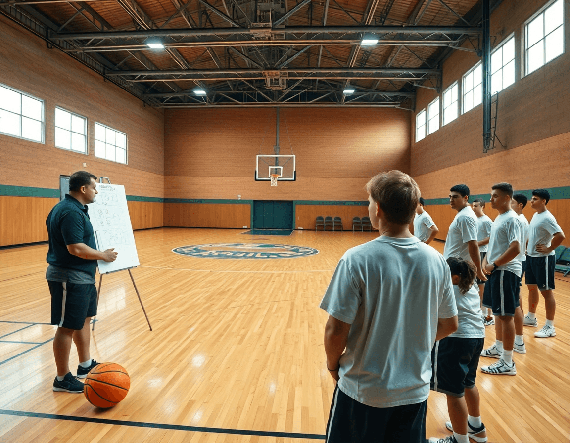 Escena amplia de jugadas baloncesto cadete en gimnasio, entrenador con tablero y balón naranja.