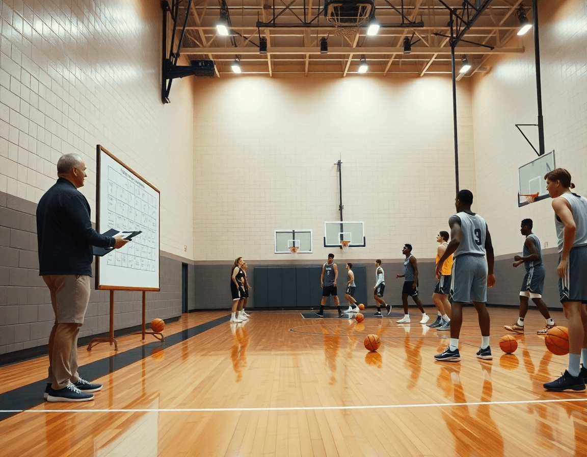 Escena amplia de baloncesto donde el coach enseña jugadas baloncesto contra defensa individual en una cancha.