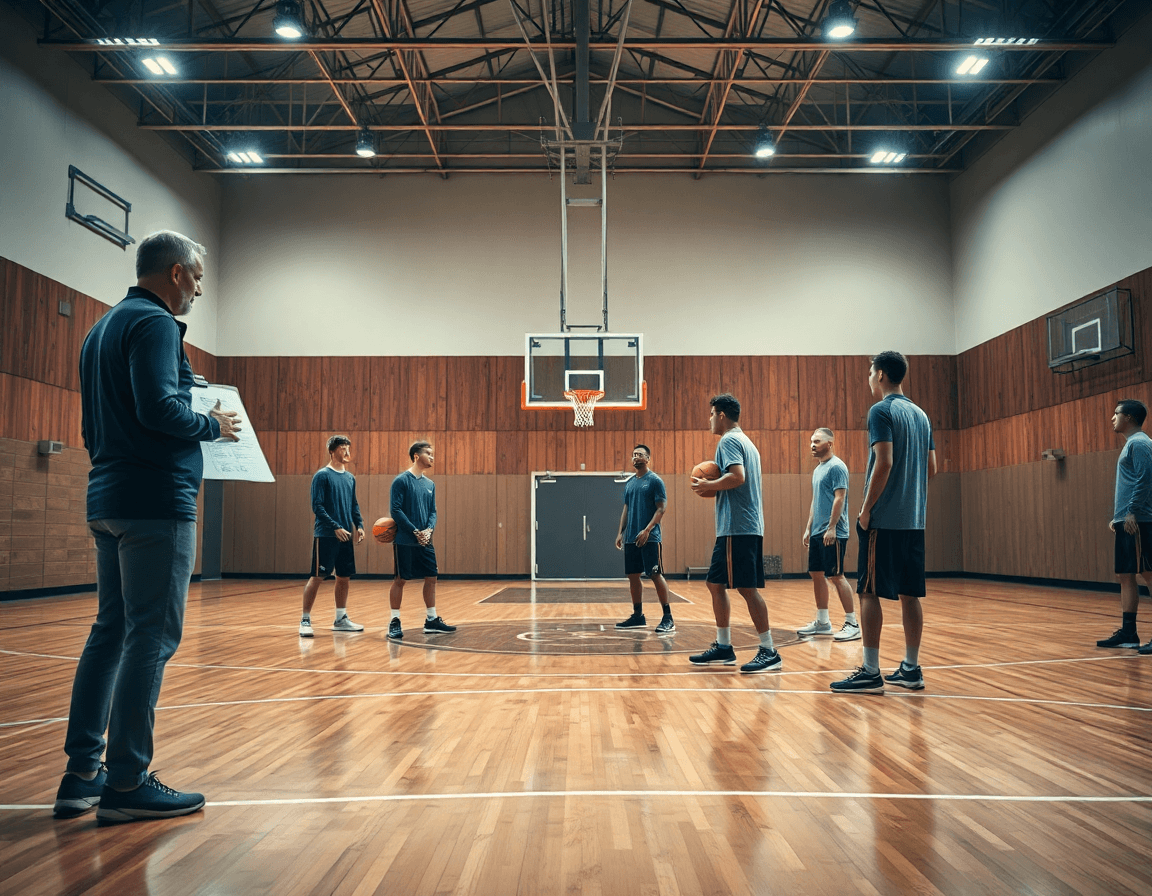 Plano amplio de jugadas de baloncesto en ingles durante una sesión de entrenamiento en gimnasio.