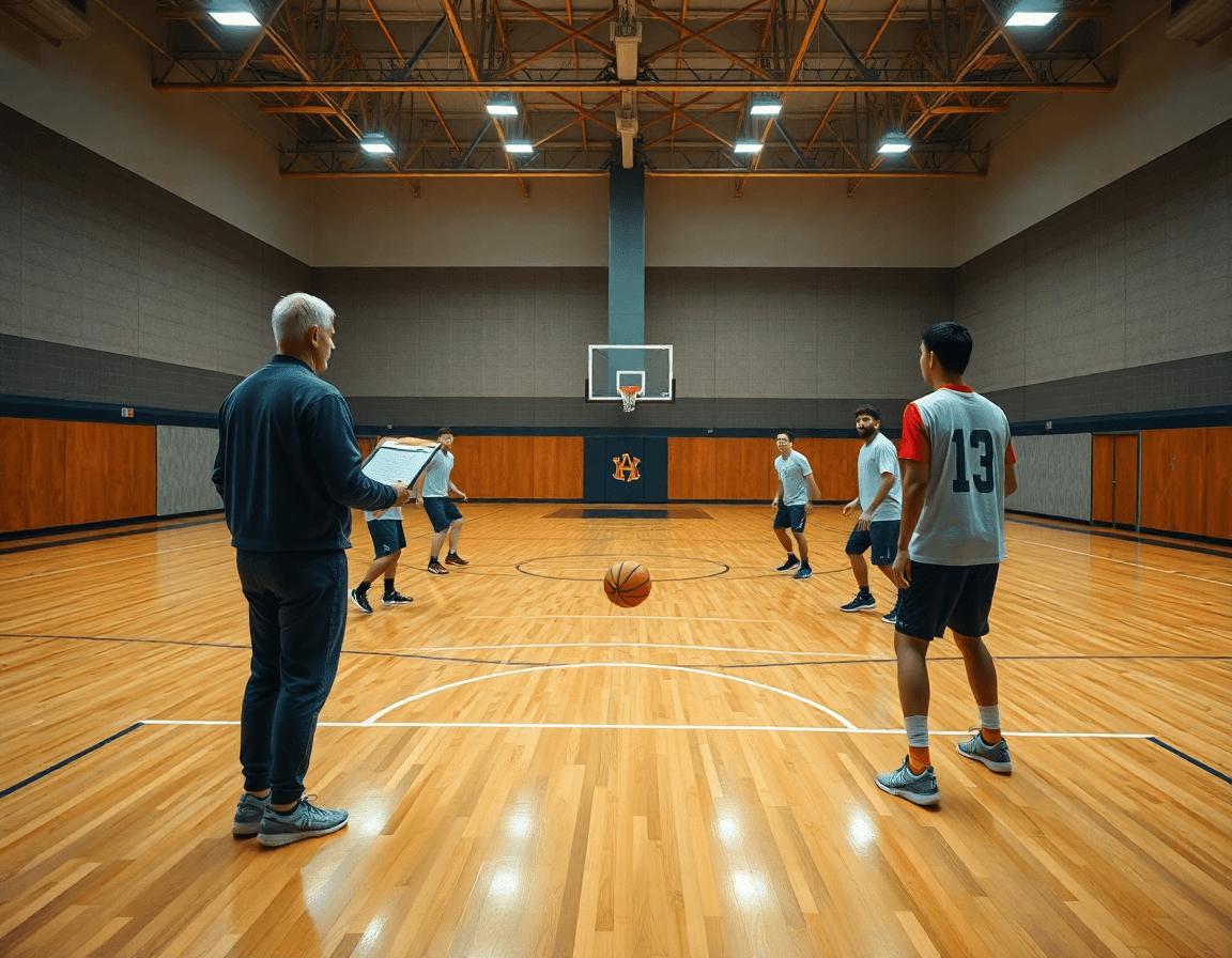 Escena amplia de baloncesto en un gimnasio con entrenador y equipo practicando jugadas de baloncesto para aprender.