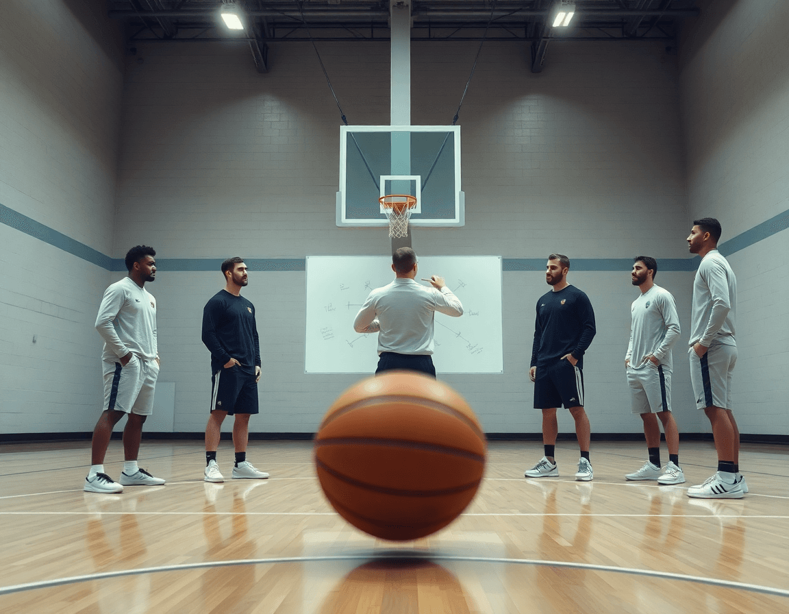 Coach frente a una pizarra blanca dibujando jugadas baloncesto mientras los jugadores observan.