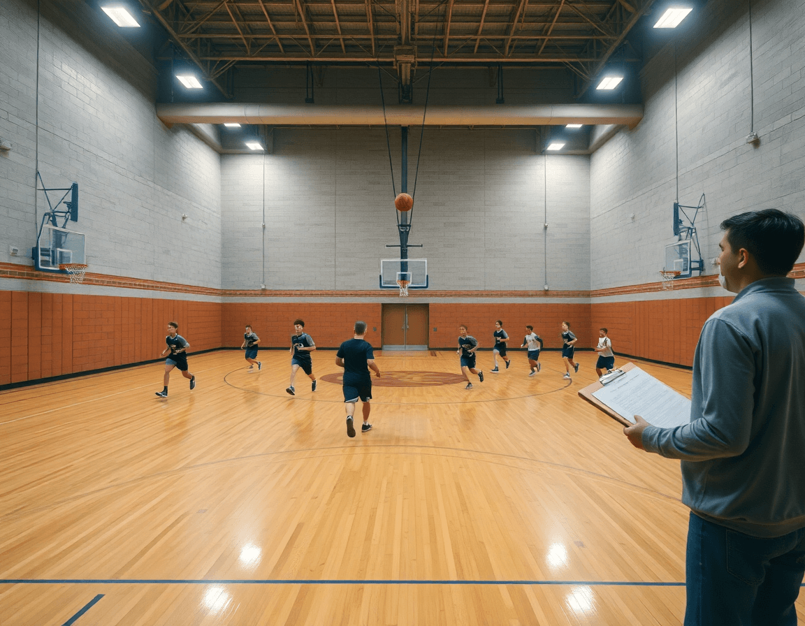 Plano general de entrenamiento de jugadas baloncesto en gimnasio con iluminación, canastas y pista de madera.