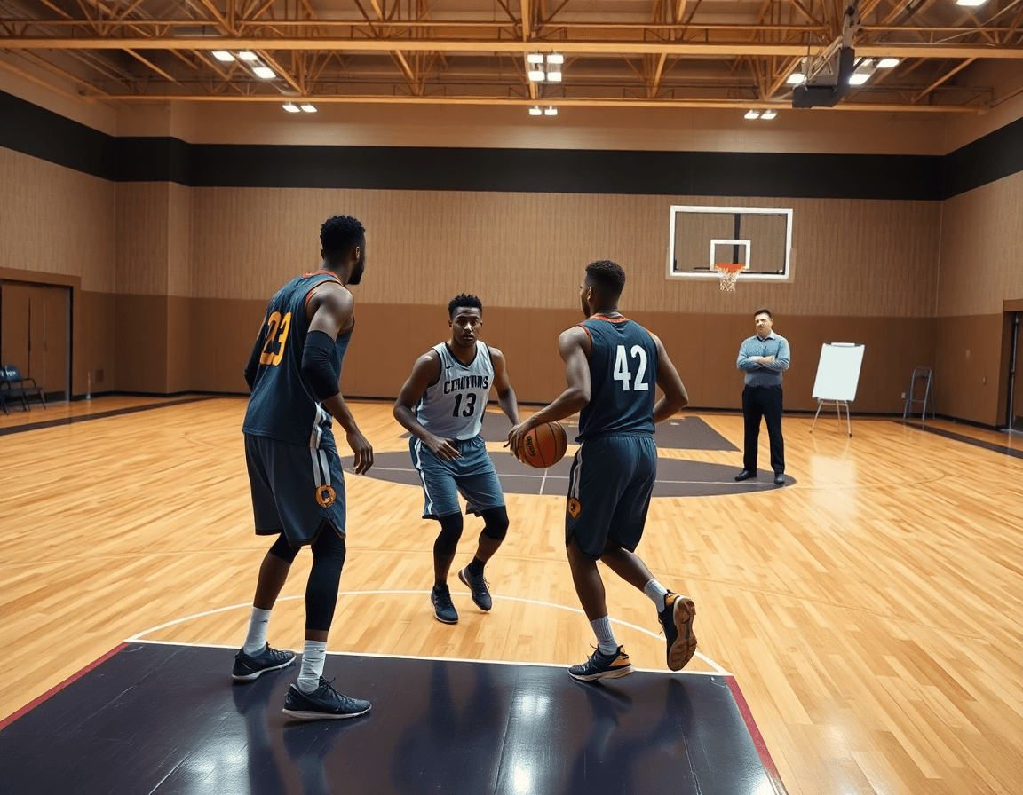 Escena de baloncesto con jugadas baloncesto pick and roll practicadas por un equipo.