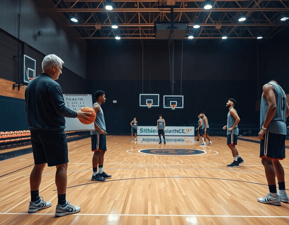 Entrenador señala en la pizarra las jugadas baloncesto pick and roll para la sesión.
