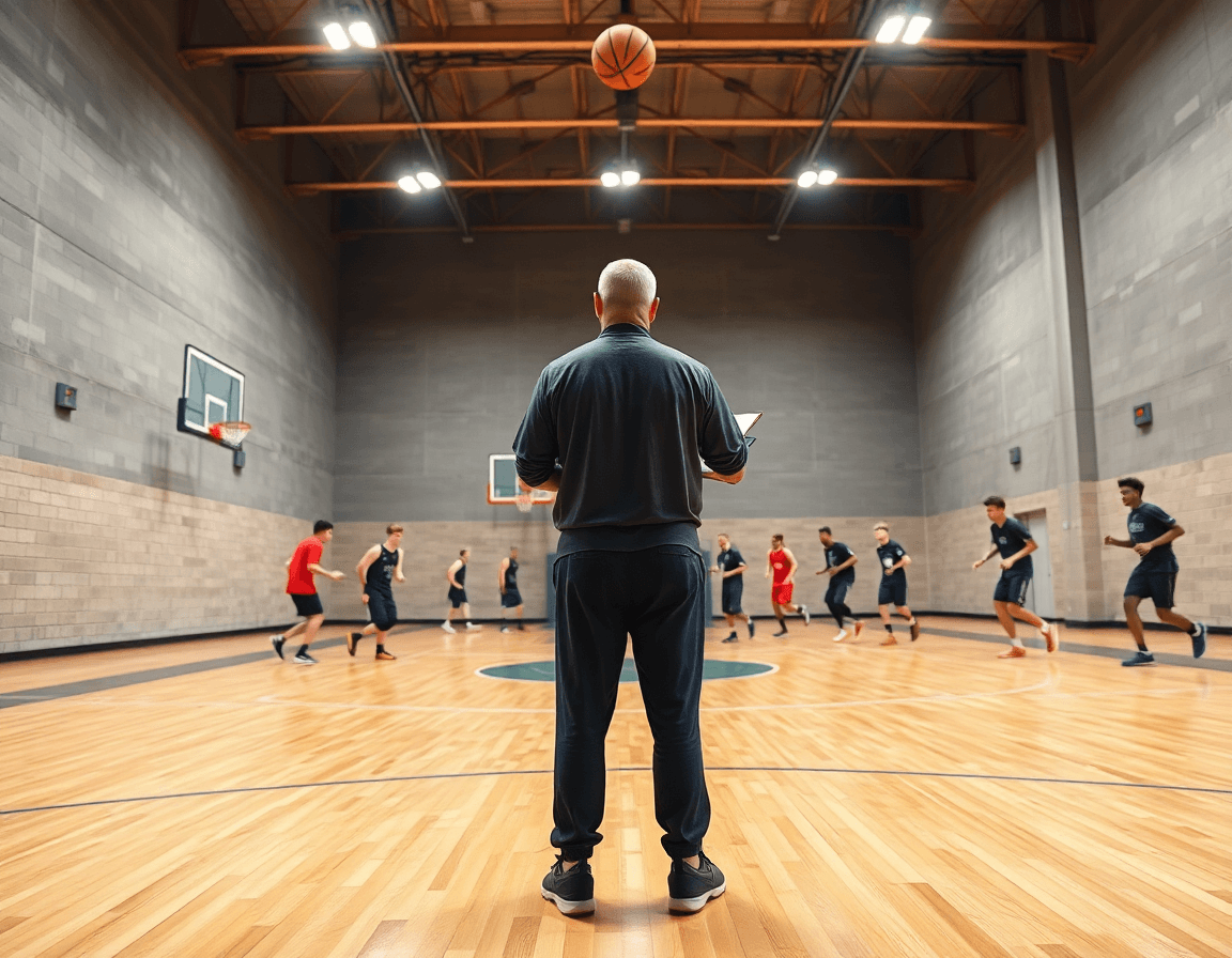 Juego de jugadas baloncesto pick and roll en un gimnasio, entrenador explicando a jóvenes jugadores.
