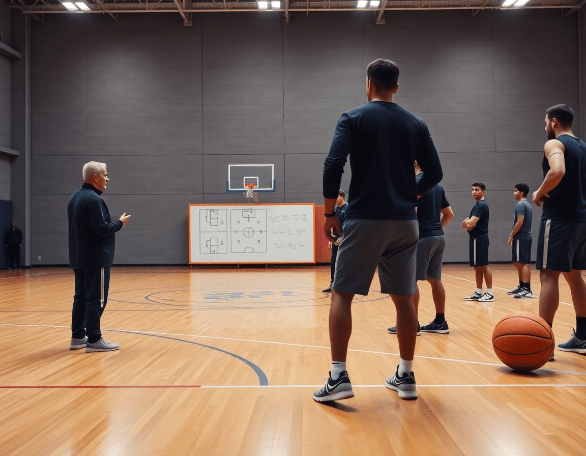 Escena amplia: entrenador explica jugadas de baloncesto para principiantes a un equipo durante la práctica.