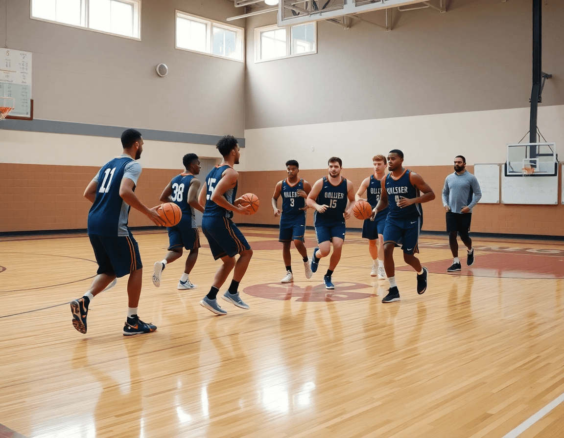 Jugadores practicando jugadas de ataque en baloncesto en la cancha, pasando la pelota naranja mientras el entrenador observa.