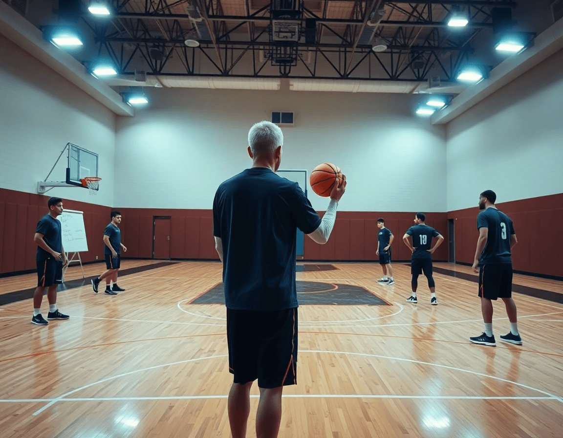 Vista amplia de jugadas de ataque en baloncesto ejecutadas por un equipo en la cancha de baloncesto.