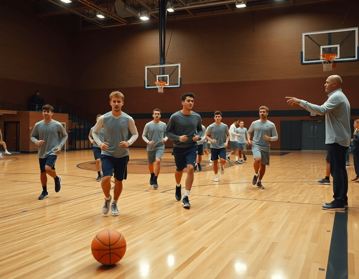 Plano medio de la cancha con jugadores ala-pivot baloncesto ejecutando una salida rápida mientras el coach señala.