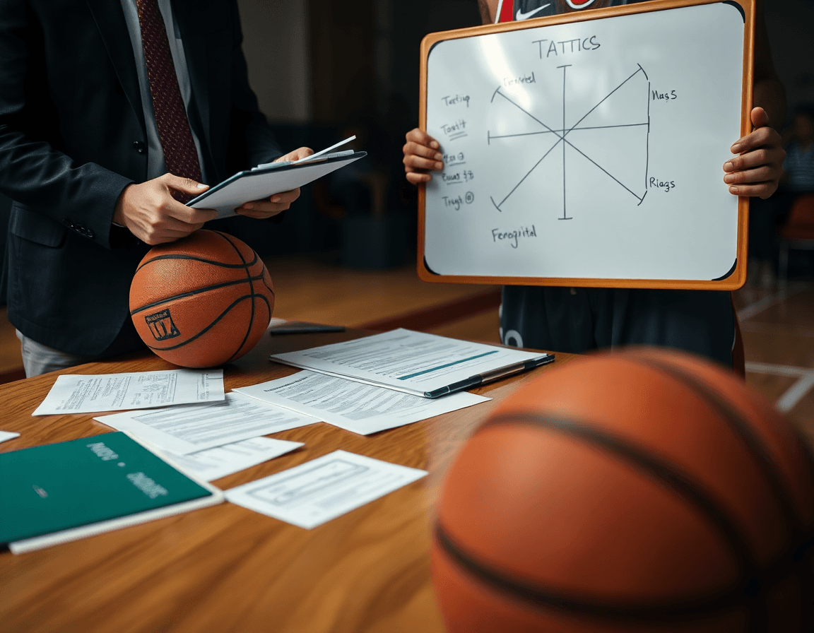 Plano cercano de entrenador con pizarra táctica, jugador con clipboard, y un basketball junto a los papeles.