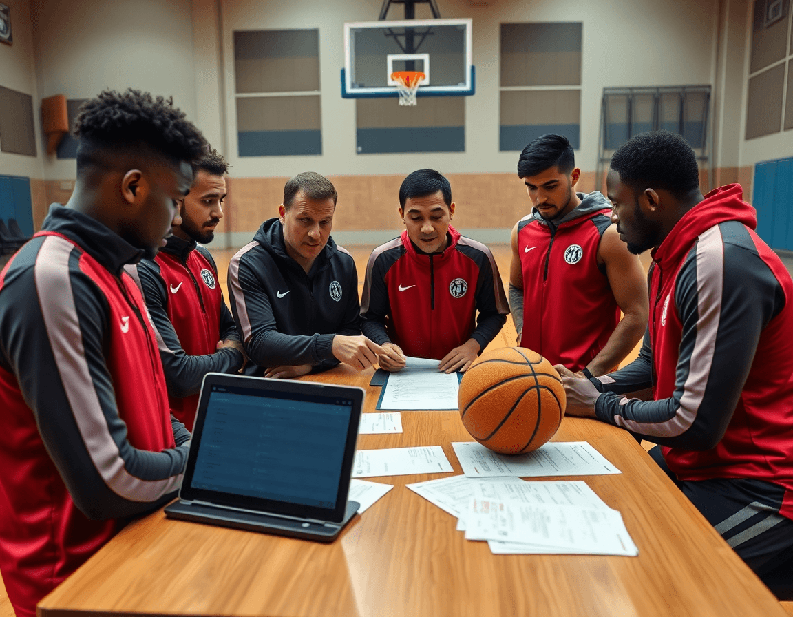 Plano medio en gym con jugadores, revisando formularios y laptop, mientras un basketball descansa y otro se dribbla.