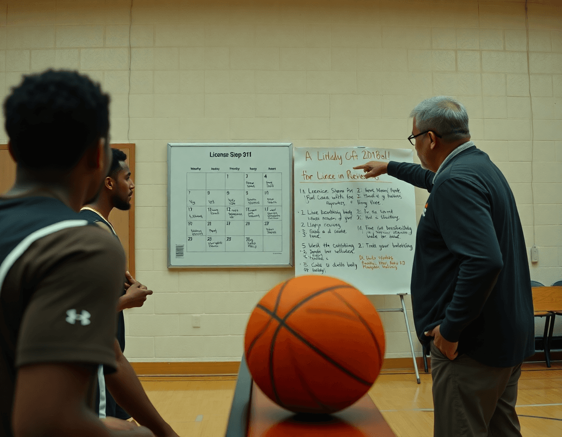 Plano general donde el entrenador marca fechas en un calendario y un basketball espera en la banca.