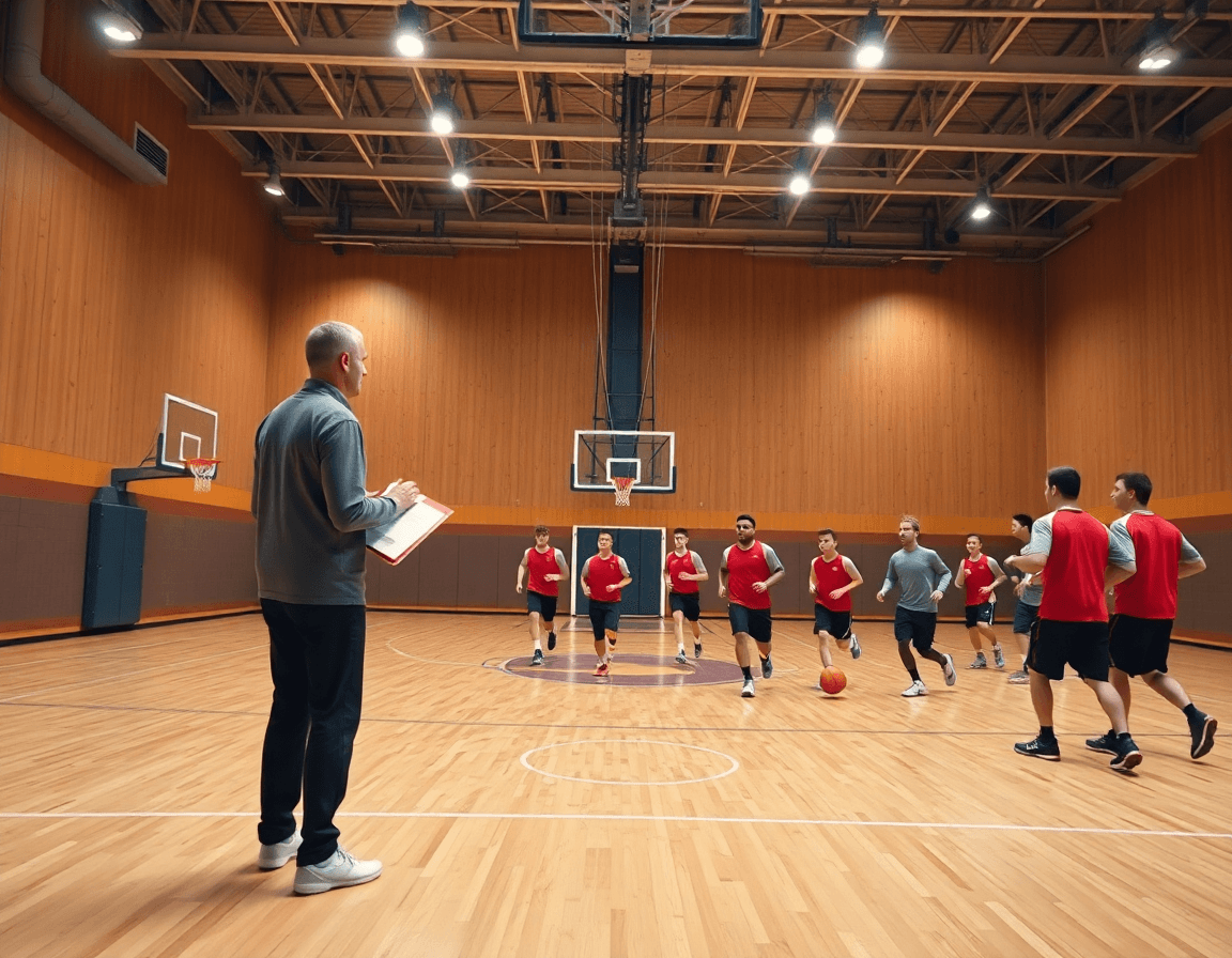 Plano general de un gimnasio de baloncesto con la licencia coach baloncesto puerto rico durante la práctica.