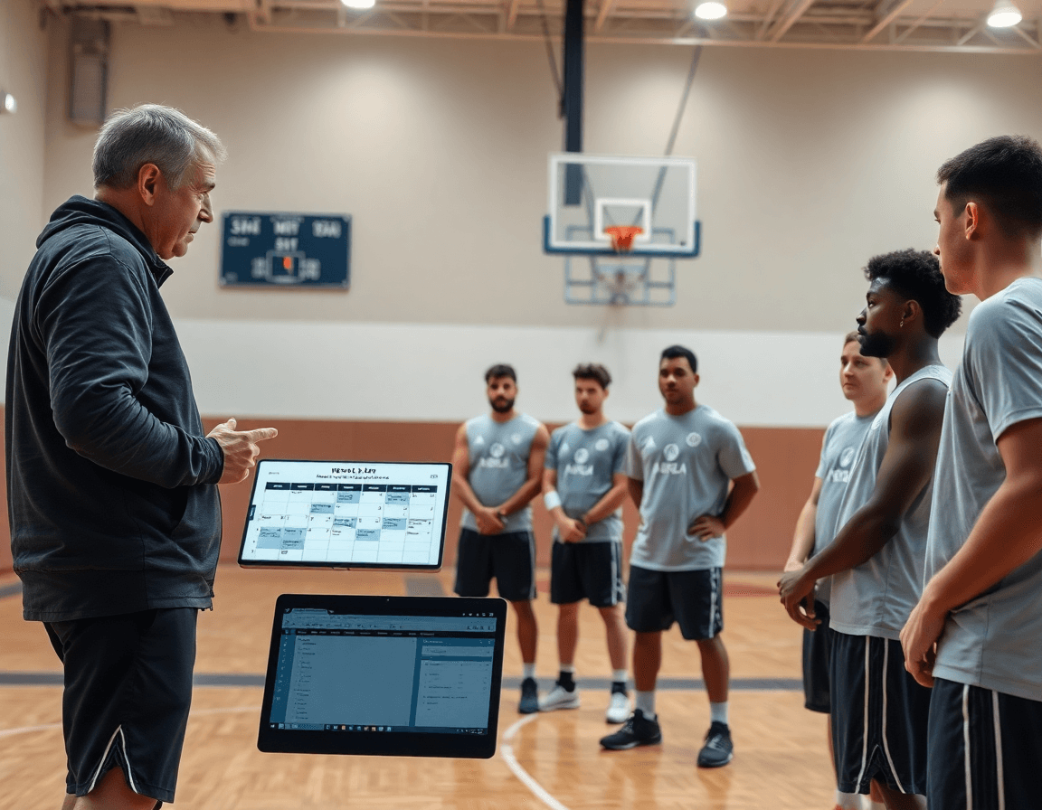 Plano amplio de baloncesto en gimnasio, muestra la estructura semanal de entrenamiento online baloncesto.