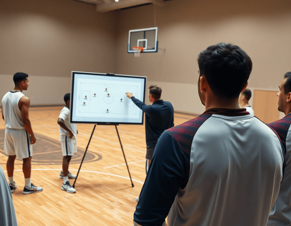 Primer plano de entrenador dibujando una jugada en una pizarra digital, jugadores observan baloncesto.