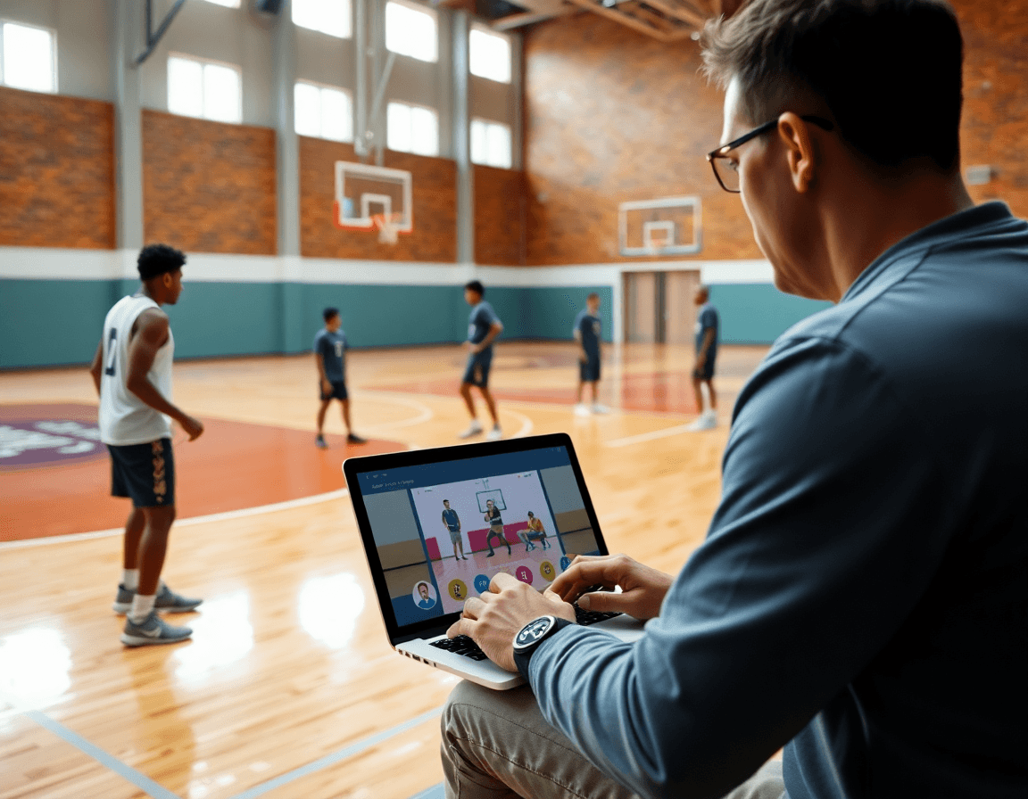 Entrenador dirige una sesión online desde un portátil mientras jugadores realizan ejercicios en la cancha de baloncesto.