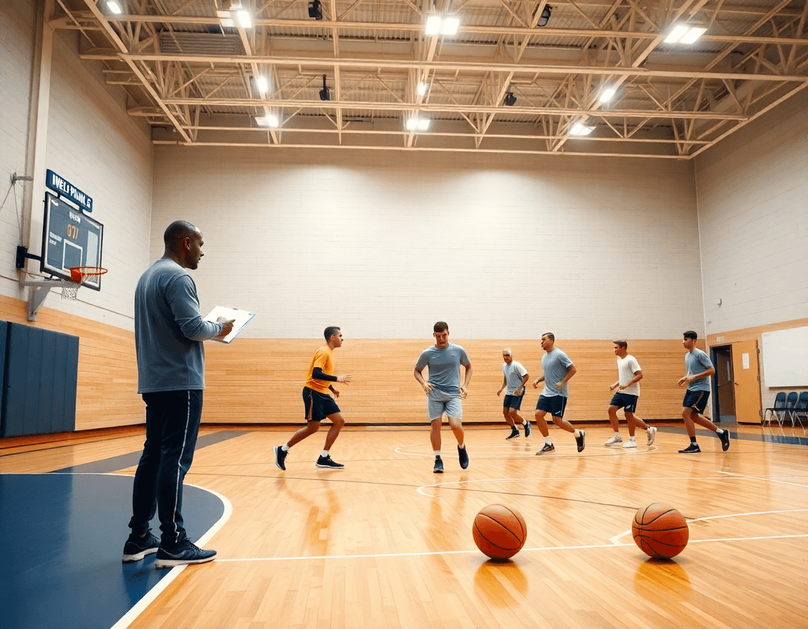 Plano general de baloncesto en un gimnasio, entrenador dirige una sesión de online baloncesto para la semana.