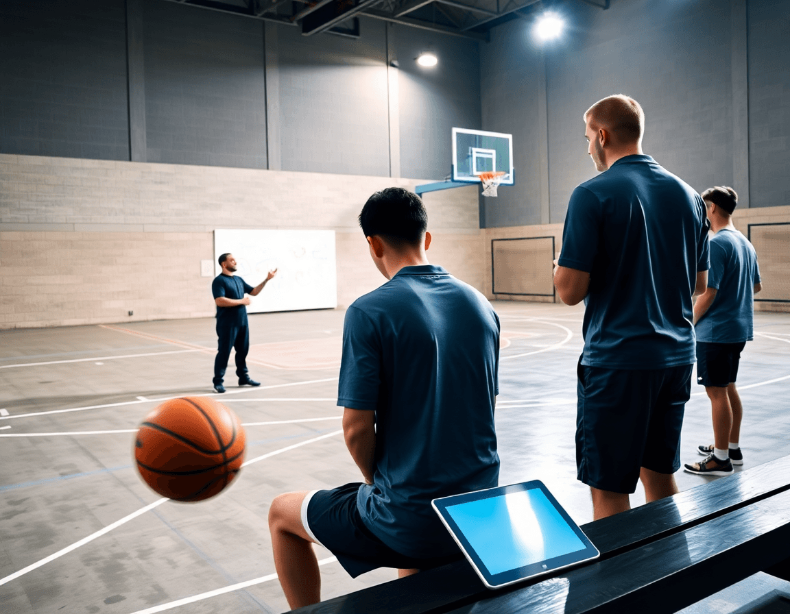 Escena amplia en gimnasio con entrenador y equipo practicando, plan online basket aplicado durante la práctica.