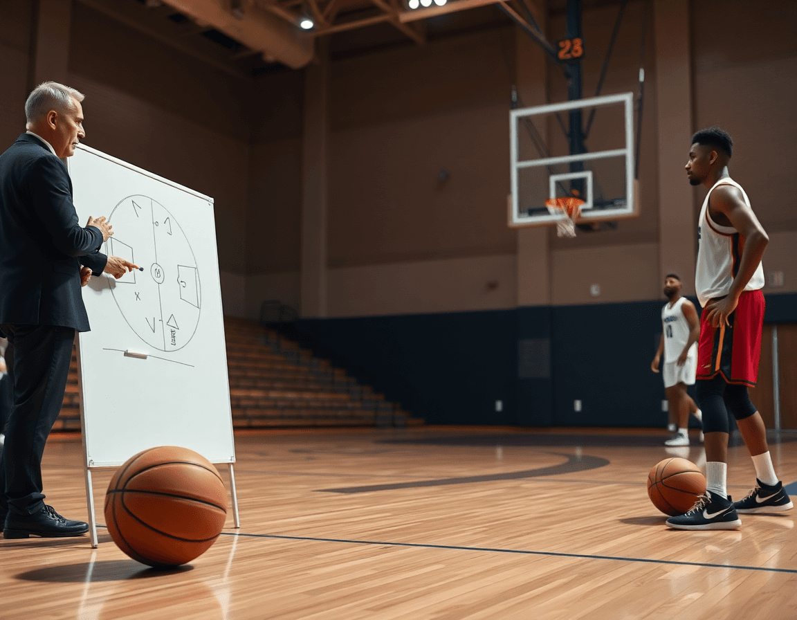 Gimnasio de baloncesto, entrenador dirige un pick and roll en primer plano durante entrenamiento.