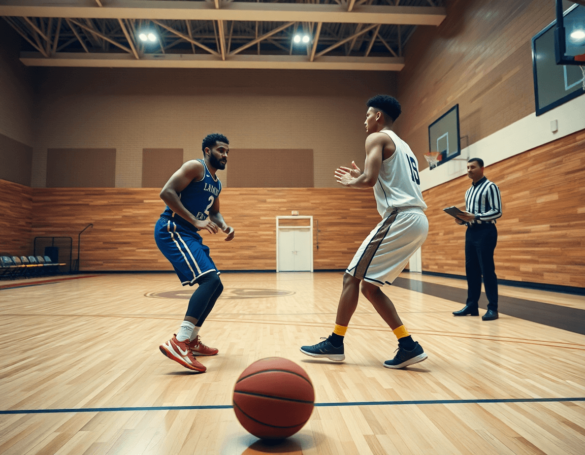 Primer plano de baloncesto dos jugadores ejecutan un pick and roll ante la cámara.