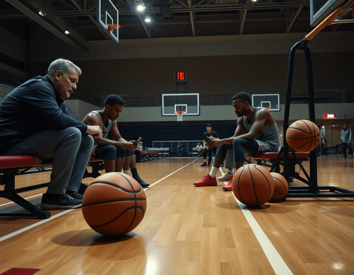 Análisis de scouting en baloncesto entrenador revisa clips mientras se practica un pick and roll.