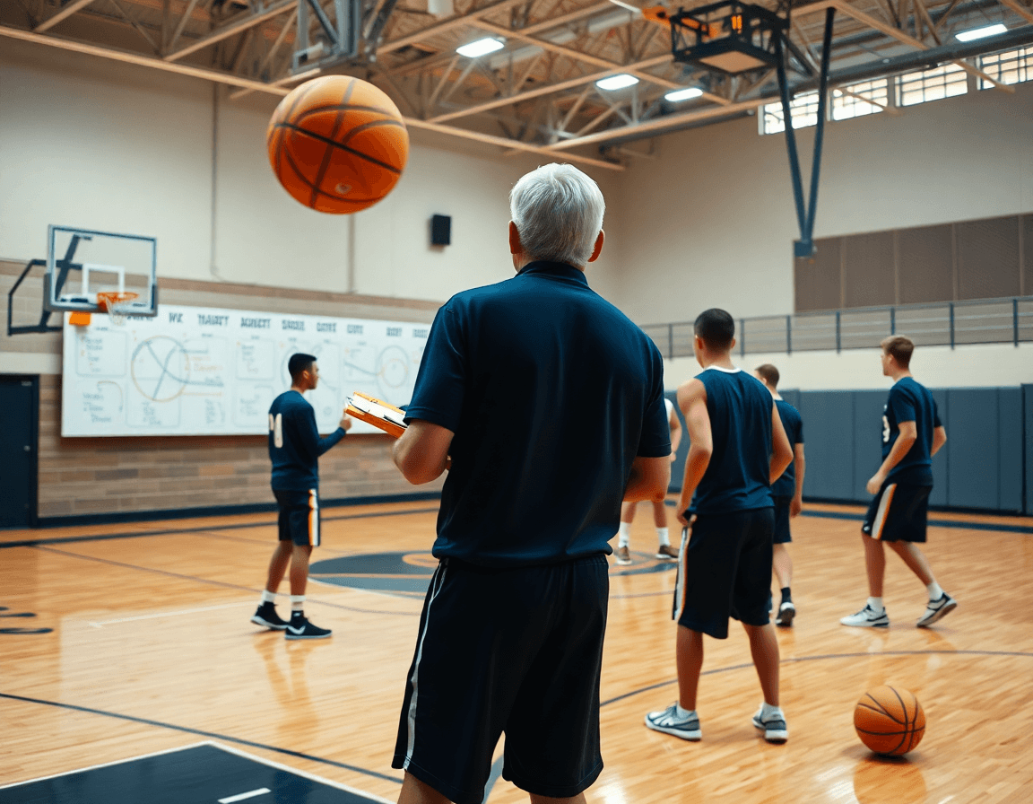 Visión amplia de baloncesto: entrenador y equipo en una práctica de baloncesto con jugada pick and roll.