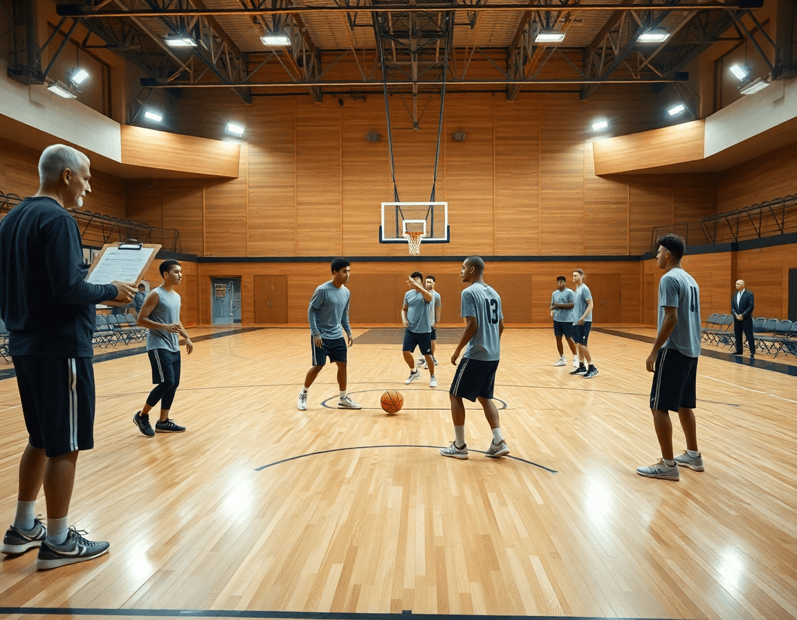 Escena amplia de baloncesto en gimnasio mostrando pick and roll baloncesto ejercicios, coach y equipo.